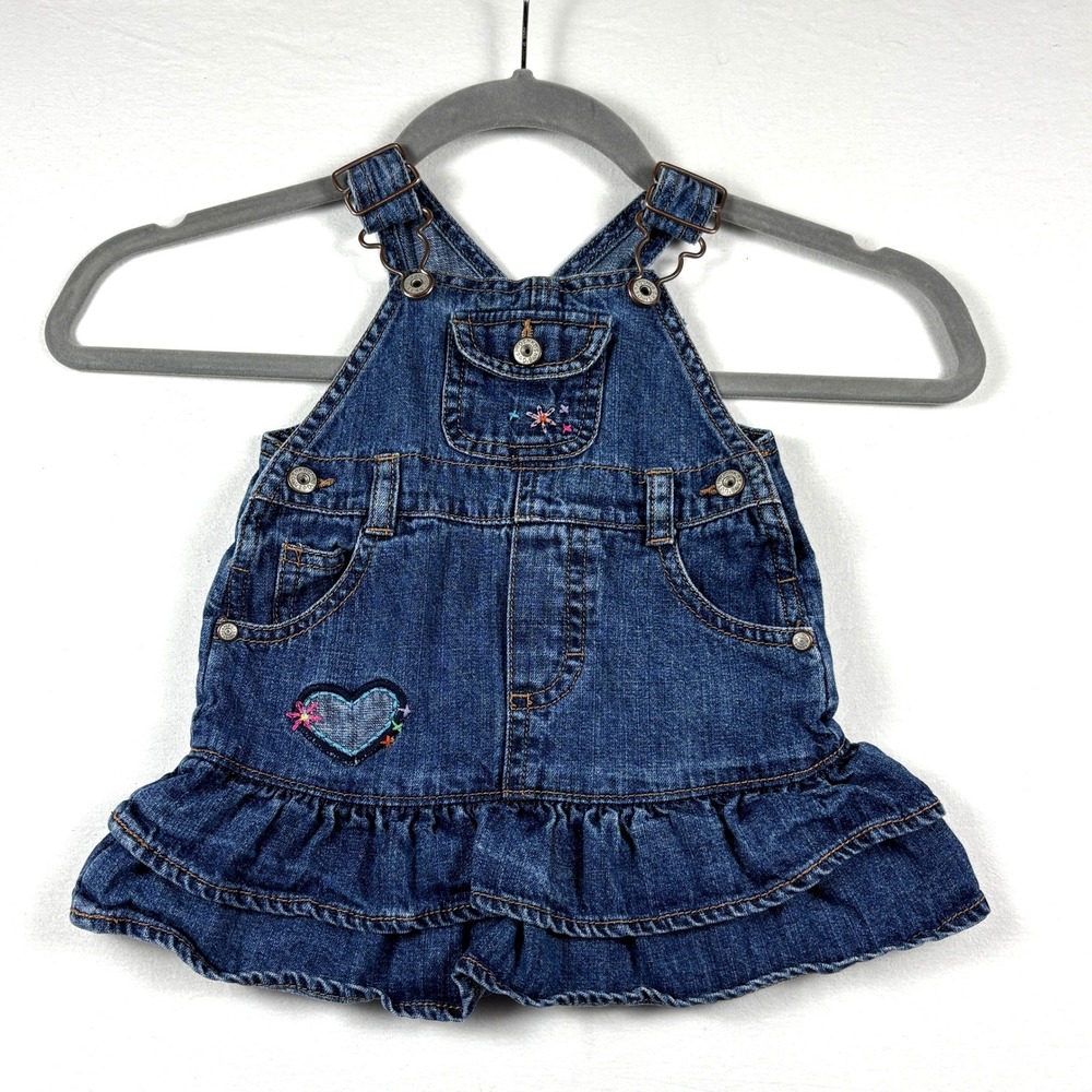 OshKosh‎ B'gosh Denim Overalls Dress Ruffle Heart Flower Baby Girls 12 Months